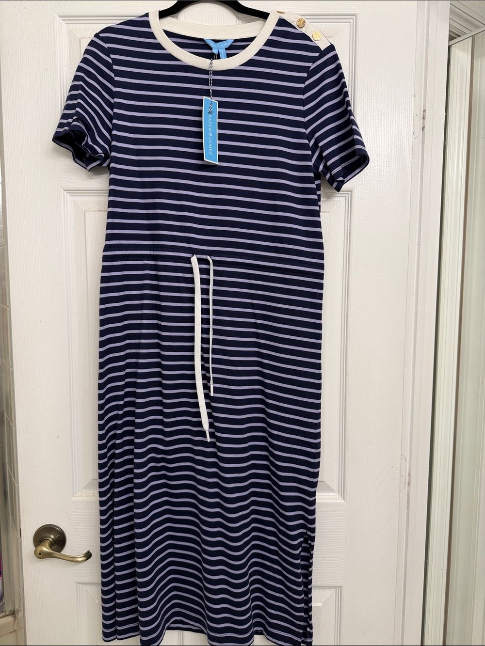 Draper James Navy and White Striped Short-Sleeve Midi Dress